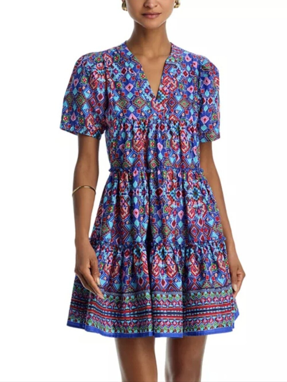 AQUA Blue Multi-Print Tiered V-Neck Dress - NWOT